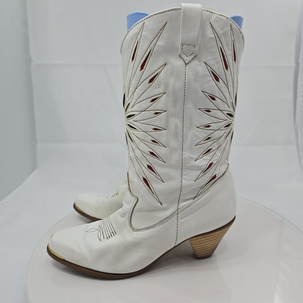 Dingo Acme 8 N/Narrow Cowboy Cowgirl White Leather Boots/Heels Starburst Beyonce